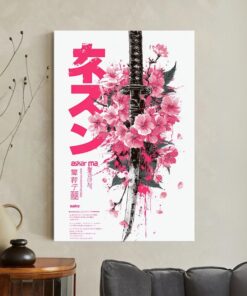 Japanese Katana Sword Canvas Print Wall Art, Pink Cherry Blossom Decor, Anime Manga Style Art, Sakura Samurai Poster, Edgy Room Decor