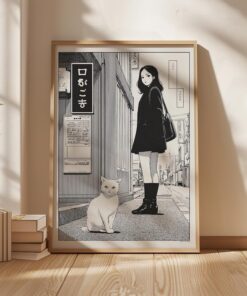Japanese Manga Girl and Cat Poster, Black and White Street Scene Art