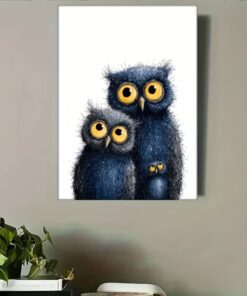 Manga Owl Canvas Wall Art Navy Blue Minimalist Anime Nursery Room Decor