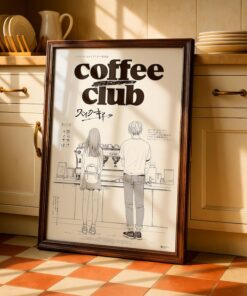 Minimalist Anime Coffee Shop Poster Print, Japanese Manga Wall Art, Aesthetic Couple Illustration, Coffee Lover Room Decor