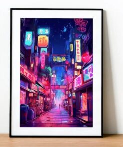 Neon Japan City Illustration Kawaii Anime Poster, Lofi Wall Art