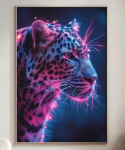 Neon Leopard Stained Glass Wall Art Print, Bold Animal Poster, Pink Blue Purple Glow Decor, Modern Statement Art for Living Room