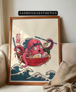 Octopus Ramen Art Print, Seafood Ramen, Naruto Fish Cake, Spicy Bowl, Japanese Style Wall Art, Anime Food Poster