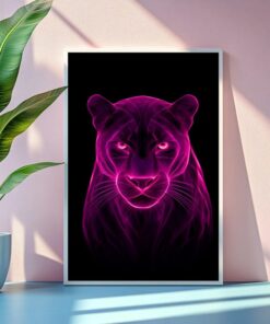 Pink Neon Panther Digital Print, Purple Abstract Glow Art Moody Wall Decor