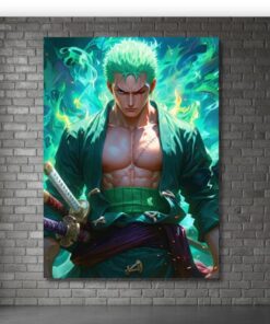 Roronoa Zoro Green Aura Metal Poster, One Piece Anime Wall Art, Three Sword Style