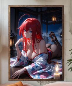 Sexy Kimono Fantasy Art Print, Pinup Anime Poster, Japanese Manga Style