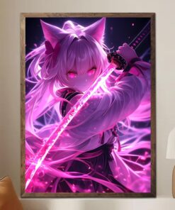 Sexy Neko Katana Art Print, Cyberpunk Anime Poster, Neon Waifu Manga Decor