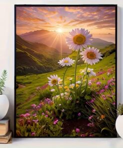 Sunrise Daisy Meadow Wall Art Natural Floral Landscape Canvas Farmhouse Decor