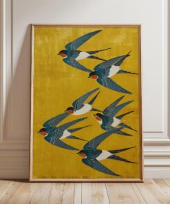 Swallow Birds Poster, Japanese Art Print, Yellow and Blue Wall Art
