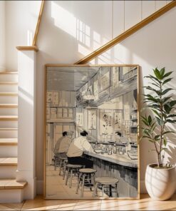 Vintage Japanese Ramen Shop Art Print, Manga Style Izakaya Poster, Black and White Anime Wall Decor, Traditional Tavern Illustration