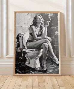 Vintage Noir Woman Smoking in Bathroom Canvas Art Moody Black White Wall Decor