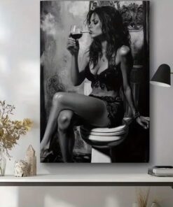 Vintage Woman Smoking on Toilet Canvas Art Moody Black White Bathroom Wall Decor
