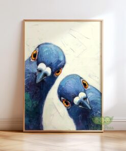 Whimsical Pigeons Art Print Mid Century Retro Funny Bird Poster Quirky Wall Art