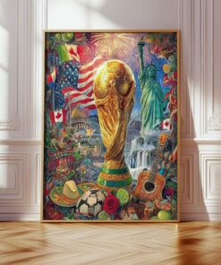 World Cup 2026 Wall Art, Large Canvas Print, Soccer Trophy USA Canada Mexico Collage Painting, Football Fan Home Decor