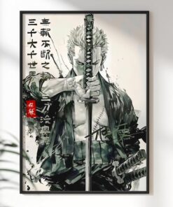 Zoro Inspired Poster, One Piece Samurai Ink Print, Minimalist Anime Decor