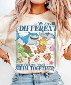 We Are all Different But in This School We all Swim Together Quotes T-shirt, Disney Finding Nemo Characters Group Shirt, Autism Acceptance Tee