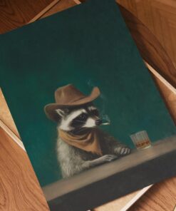 Smoking Raccoon Cowboy Canvas, Vintage Funny Animal Home Decor, Moody Bar Lounge Poster