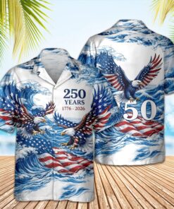 America 250th Anniversary Hawaiian Shirt, Patriotic Eagle Ocean Wave Aloha Shirt