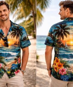 Men’s Hawaiian Beach Shirt,Tropical Ocean Sunset Aloha Shirt