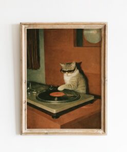 DJ Cat Vinyl Poster & Canvas, Retro Turntable Music Wall Art
