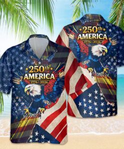 America 250th Anniversary Hawaiian Shirt, Patriotic Bald Eagle USA Flag Button Down