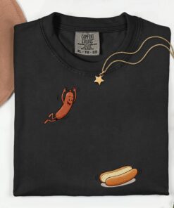 Funny Hot Dog Jumping Into Bun Shirt, Cute Sausage Graphic Tee