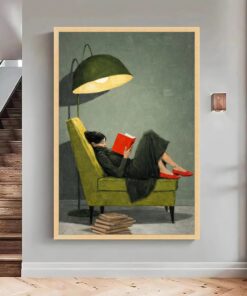 Cozy Reading Moment Canvas & Poster, Woman on Green Chair Art